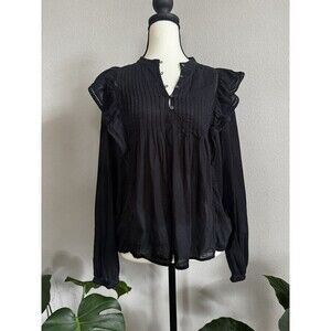 Gap Black Cotton Boho Ruffle Blouse Eyelet Trim Button Front Long Sleeve S